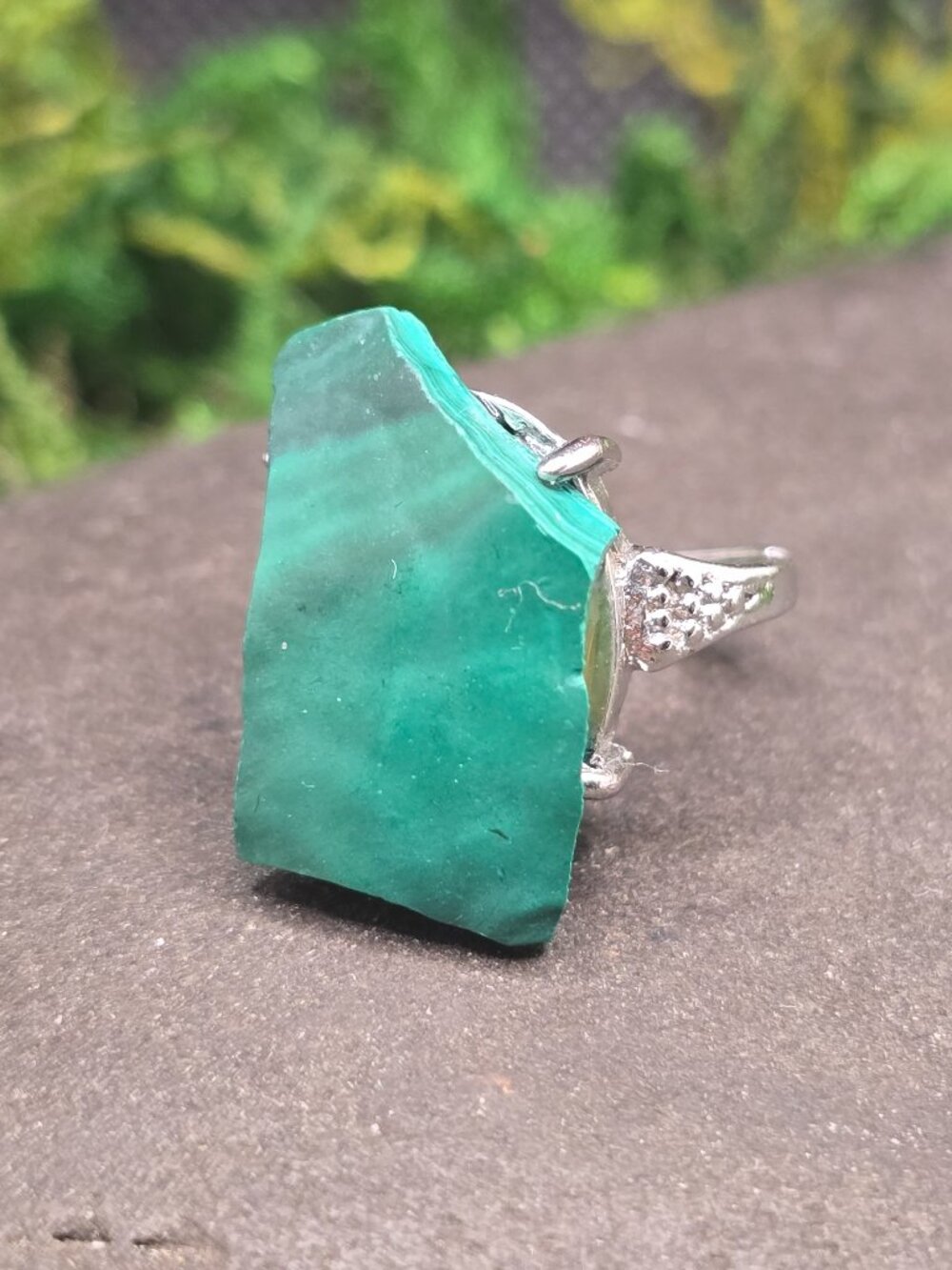 Raw Malachite Adjustable Ring Size 6-10 Green Crystal Silver Tone Jewelry